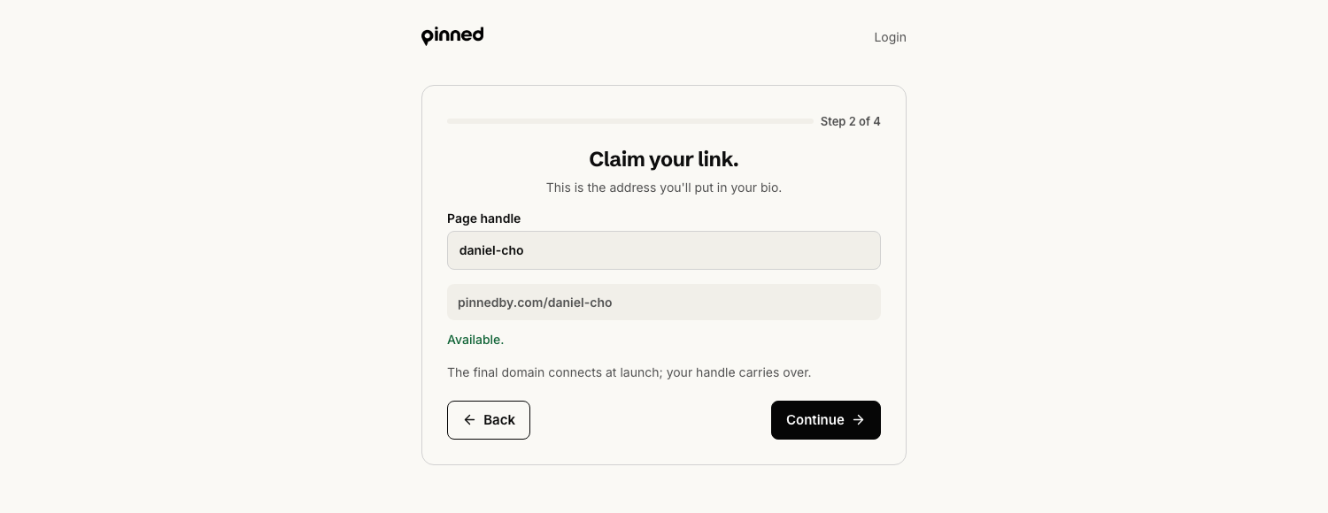 Claim your link step showing the page handle field and the pinnedby.com URL preview marked Available.