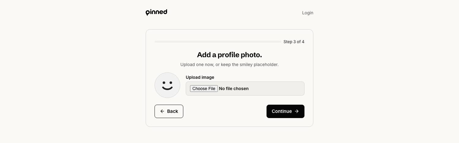 Add a profile photo step with the placeholder avatar and an upload image field, plus Back and Continue buttons.