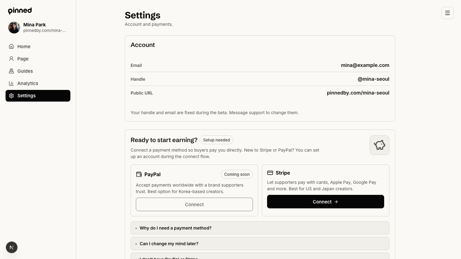 Pinned Settings page showing the Ready to start earning payment setup panel with a Stripe Connect button.