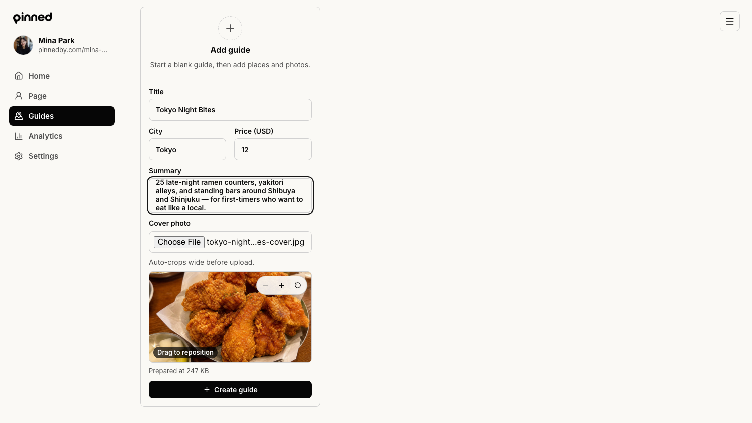 Add guide form with a food cover photo selected, showing the drag-to-reposition crop preview above the Create guide button.