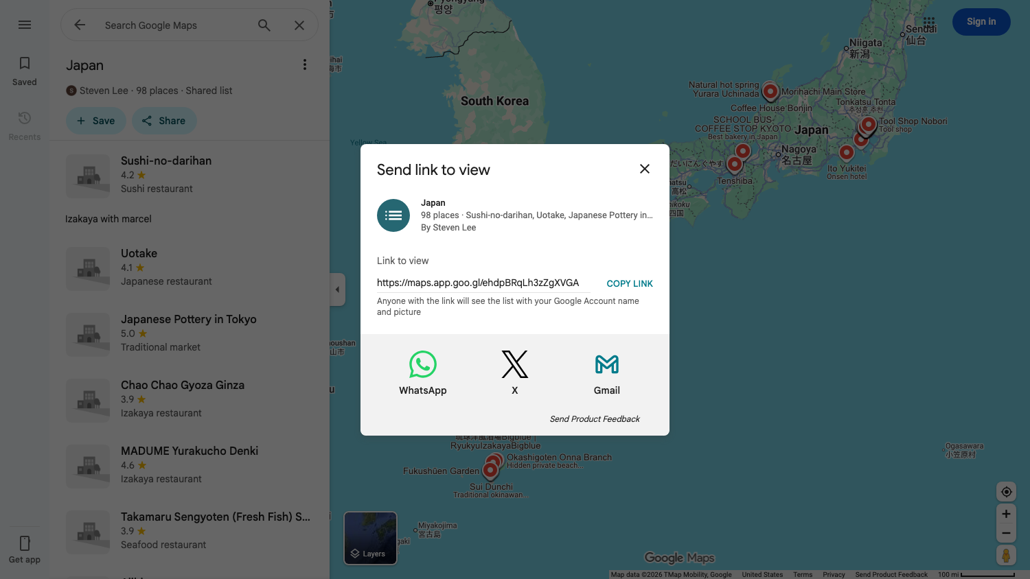 Google Maps list with the Share button, and the Send link to view dialog showing the list link and Copy link button.