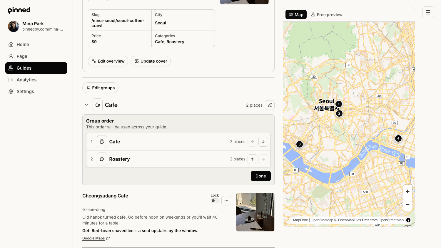 Guide editor with the Group order panel open, showing Cafe and Roastery groups with reorder arrows and a Done button.