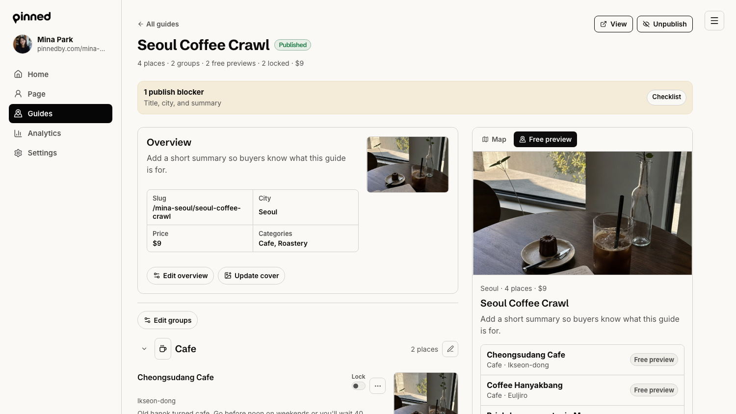 Guide editor with the Free preview tab open, showing the buyer view with free preview and locked place rows.